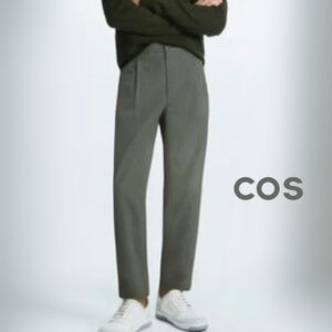 COS Men's Green Cotton Twill Pleated Tapered Trousers